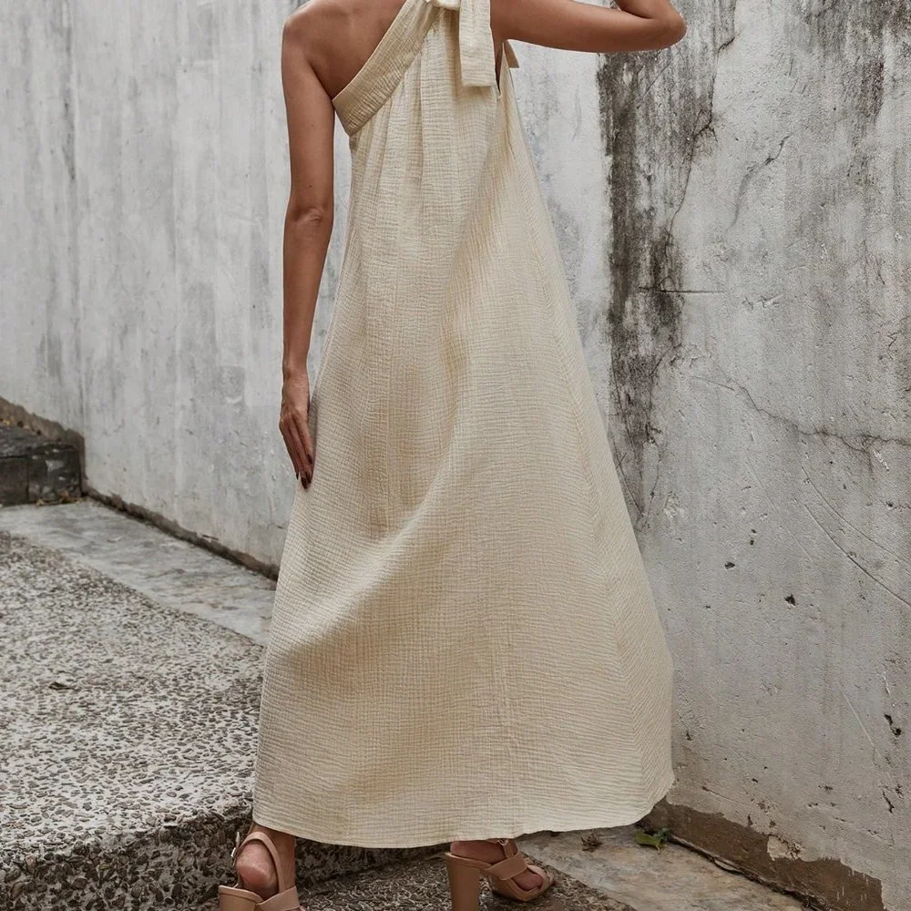 Apricot Preppy Womens One Shoulder Knot Side Dress - Picture 2 of 5